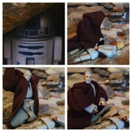 Artoo makes a sigh-like sound and this catches the attention of the figure over Luke. It turns towards the canyon wall where the little droid is hiding and lowers his hood to reveal a shabby old desert-rat-of-a-man. His ancient leathery face, cracked and weathered by exotic climates is set off by dark, penetrating eyes and a scraggly white beard. BEN: "Hello there!" #starwars #anhwt #starwarstoycrew #jbscrew #blackdeathcrew #starwarstoypix #starwarstoyfigs #toyshelf 